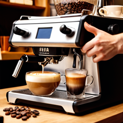 Home 4 A skilled barista meticulously crafting latte art, SCA certificate displayed nearby, surrounded by coffee beans and professional equipment, warm lighting, inviting atmosphere.