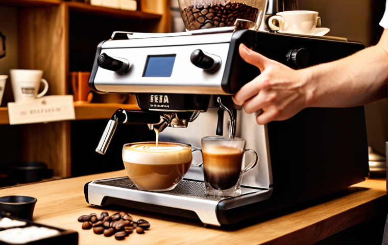 A skilled barista meticulously crafting latte art, SCA certificate displayed nearby, surrounded by coffee beans and professional equipment, warm lighting, inviting atmosphere.