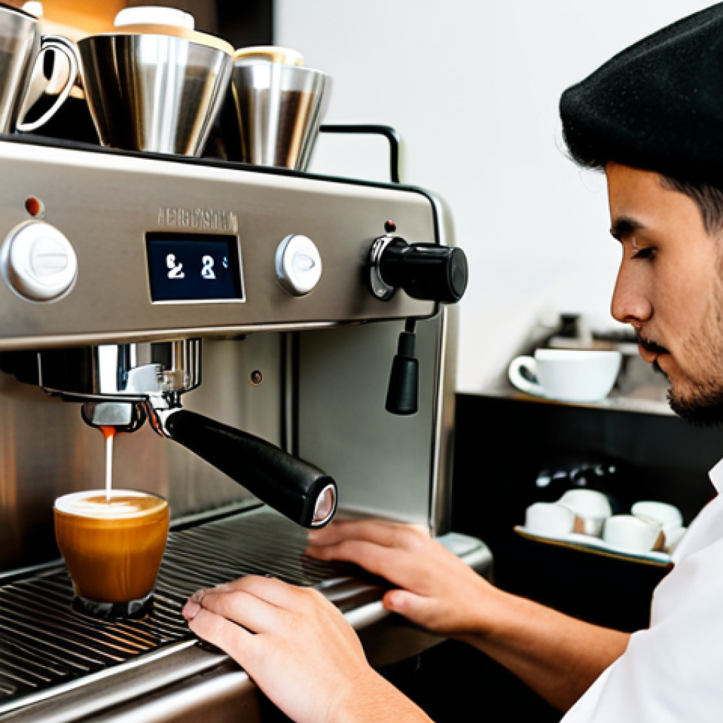 A professional barista, fully clothed in a modest, clean uniform, precisely operating a high-quality espresso machine in a modern, well-lit cafe. The barista's well-formed hands, with proper finger count, are expertly steaming milk for latte art, showcasing a deep immersion in their craft. The scene captures the dedication and skill involved in coffee preparation, with focus on the equipment and the barista's concentrated expression. The background features a tidy cafe counter and soft, inviting light.