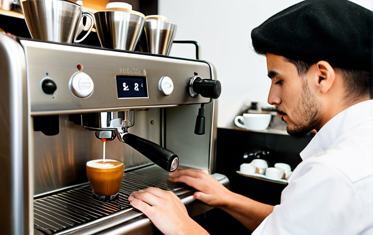 A professional barista, fully clothed in a modest, clean uniform, precisely operating a high-quality espresso machine in a modern, well-lit cafe. The barista's well-formed hands, with proper finger count, are expertly steaming milk for latte art, showcasing a deep immersion in their craft. The scene captures the dedication and skill involved in coffee preparation, with focus on the equipment and the barista's concentrated expression. The background features a tidy cafe counter and soft, inviting light.
