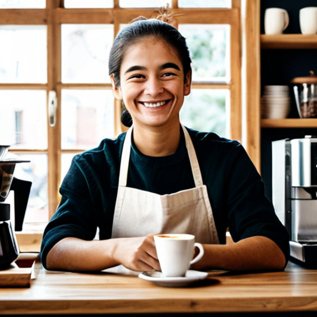 **

A person with a budding interest in becoming a barista, considering barista certifications as a potential investment for the future. The scene should depict a cozy home setting with coffee-making equipment and books about coffee. The person is smiling slightly while thinking. fully clothed, modest clothing, appropriate attire, safe for work, perfect anatomy, natural proportions, professional photography, high quality

**