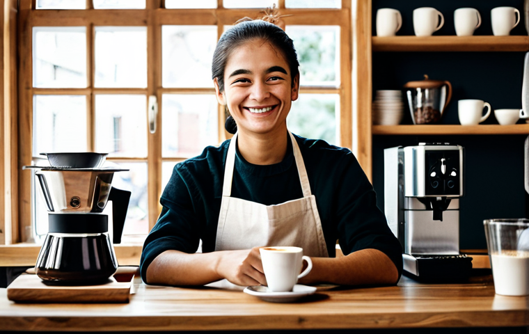 **
A person with a budding interest in becoming a barista, considering barista certifications as a potential investment for the future. The scene should depict a cozy home setting with coffee-making equipment and books about coffee. The person is smiling slightly while thinking. fully clothed, modest clothing, appropriate attire, safe for work, perfect anatomy, natural proportions, professional photography, high quality
**