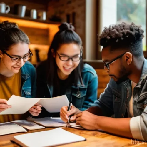 Home 23 바리스타 자격증 대비 스터디 그룹 - **Prompt:** A diverse group of young adults, approximately 3-5 members of mixed genders, are gathere...