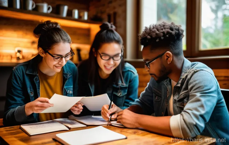 바리스타 자격증 대비 스터디 그룹 - **Prompt:** A diverse group of young adults, approximately 3-5 members of mixed genders, are gathere...