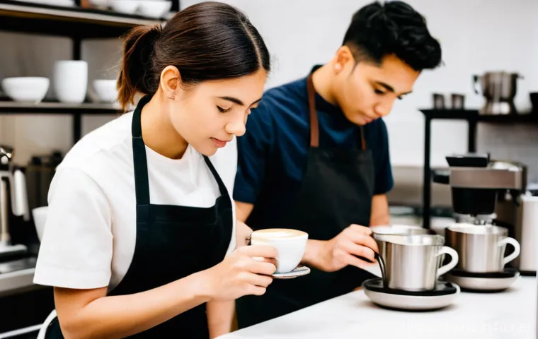 바리스타 자격증 대비 스터디 그룹 - **Prompt:** A diverse group of young adults, approximately 3-5 members of mixed genders, are gathere... 바리스타 자격증 대비 스터디 그룹 - **Prompt:** A diverse group of young adults, approximately 3-5 members of mixed genders, are gathere...