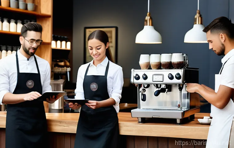 바리스타 자격증 대비 스터디 그룹 - **Prompt:** A focused baristain-training, a young woman, wearing a clean apron, is meticulously pour... 바리스타 자격증 대비 스터디 그룹 - **Prompt:** A focused baristain-training, a young woman, wearing a clean apron, is meticulously pour...
