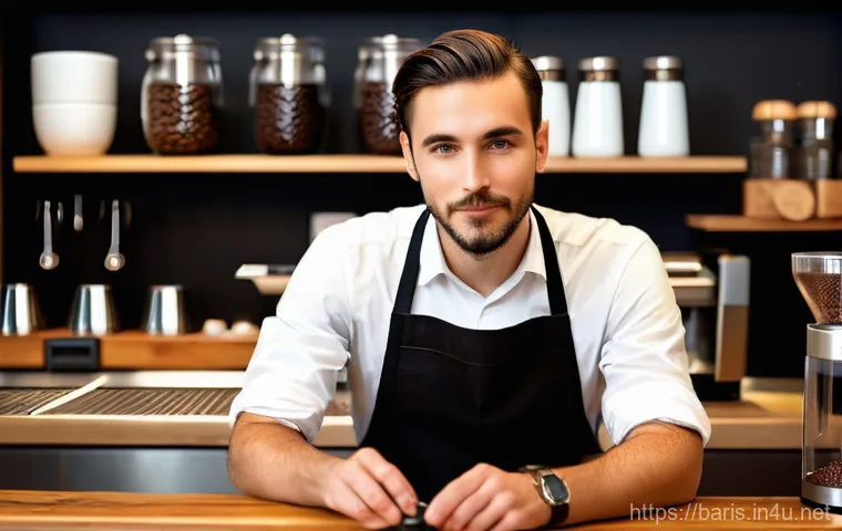 바리스타 자격증으로 자신만의 커피 브랜드 만들기 - **Prompt 1: The Artisan Barista's Reflective Moment**
A close-up, medium shot of a focused baris...
