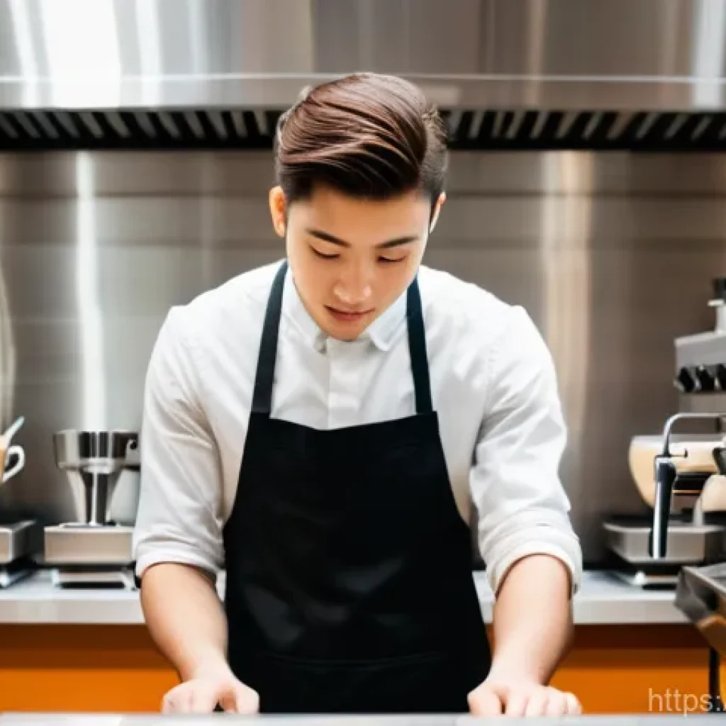 바리스타 시험 합격률 - A focused young barista student, wearing a clean, dark apron over a casual long-sleeved shirt, is me...