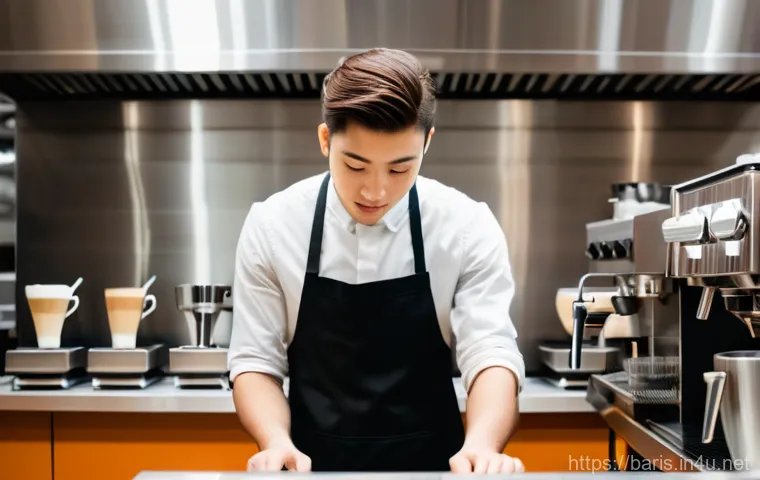바리스타 시험 합격률 - A focused young barista student, wearing a clean, dark apron over a casual long-sleeved shirt, is me...