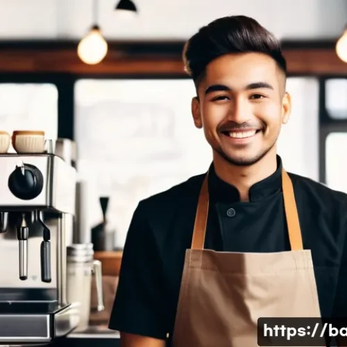 Home 7 바리스타 자격증 취득 비용 - **Prompt:** A cheerful and professional young barista, wearing a neat, clean uniform with a barista ...