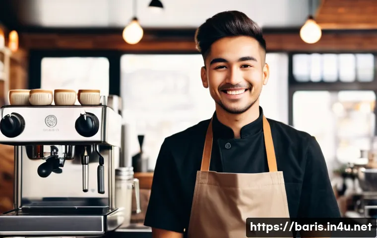 바리스타 자격증 취득 비용 - **Prompt:** A cheerful and professional young barista, wearing a neat, clean uniform with a barista ...